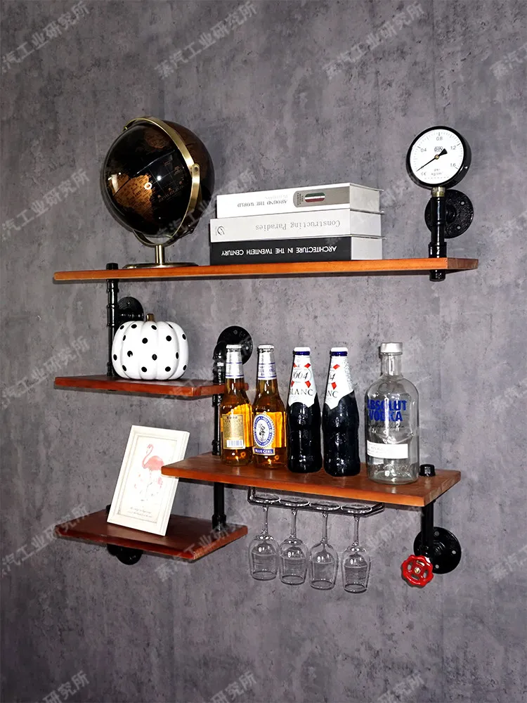Retro industrial style wall rack bar counter wall decoration wall hanging wrought iron solid wood baffle creative water pipe