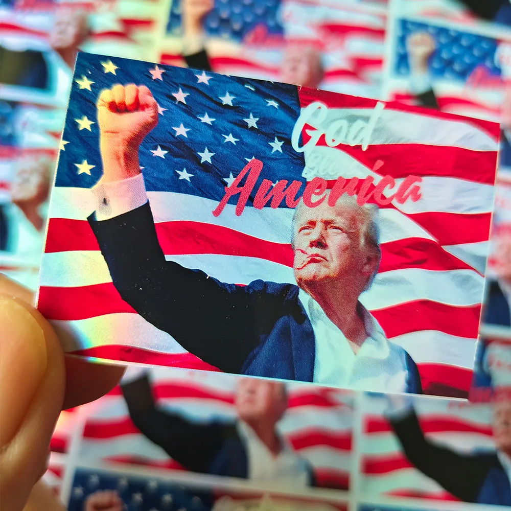 50pcs Trump shot holographic sticker With God bless america for cup computer DIY labels Fight stickers make america great again