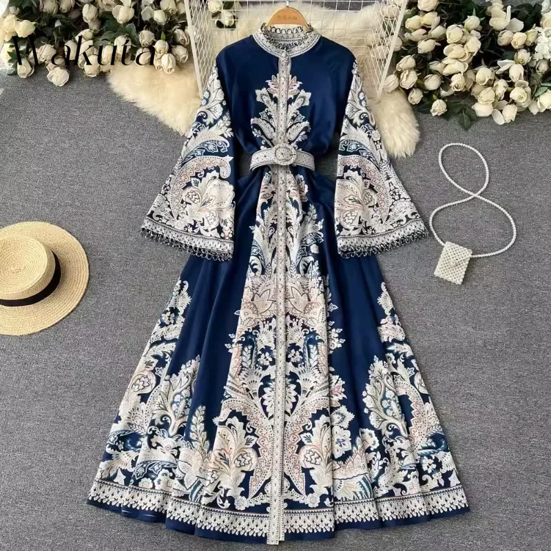 WAKUTA Russian Vintage Round Neck Flared Sleeve Printed Dress Single Breasted Belt Hem Irregular Pleated Vestido Elegante Mujer