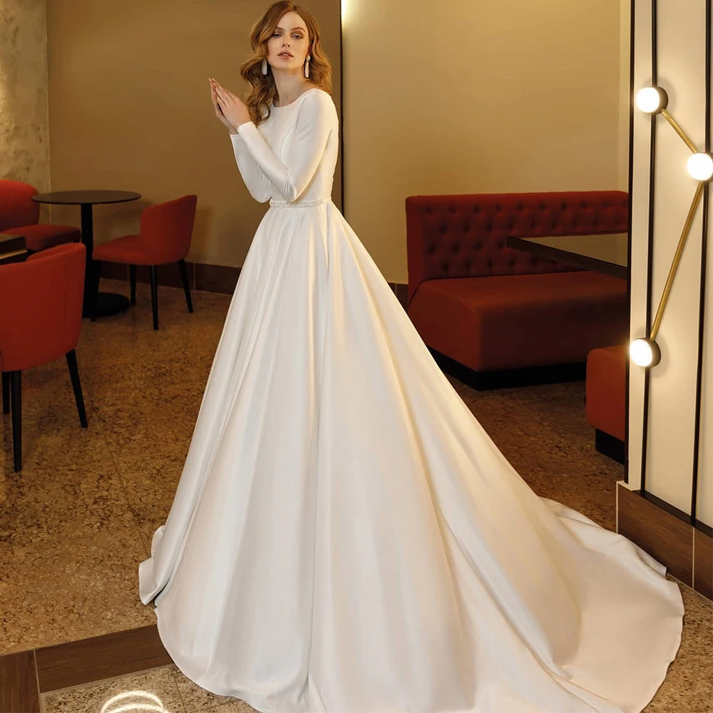 

Gorgeous Satin A-Line Wedding Dress O-Neck Long Sleeve with Belt Sexy Illusion Applique Back Bride Marriage Gown Customized