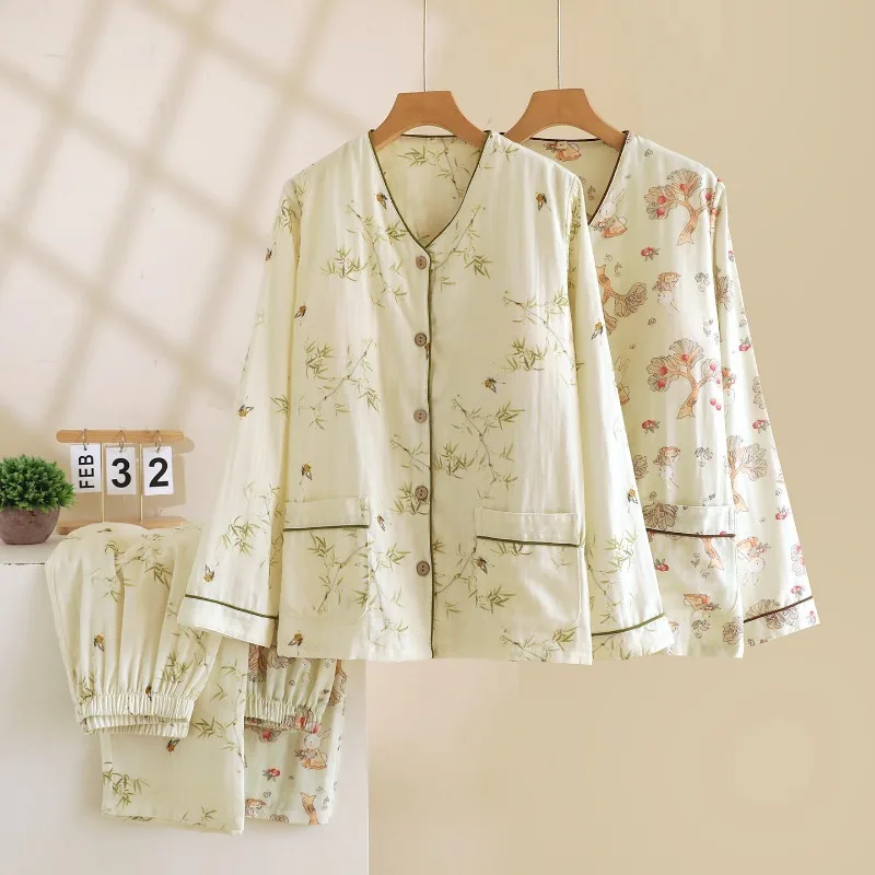 2026 New Women's Spring Pajama Set 100% Cotton Gauze with Chest Mat Long Sleeve+Long Pants Bamboo Home Clothes Two Piece Set