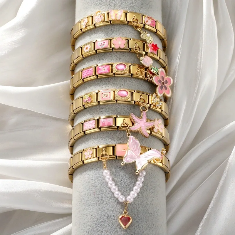 2026 Wholesale Shiny Gems Flowers Bracelet Combination Set Charm Italian Links Fit 9mm Stainless Steel Bracelet DIY Making Gift