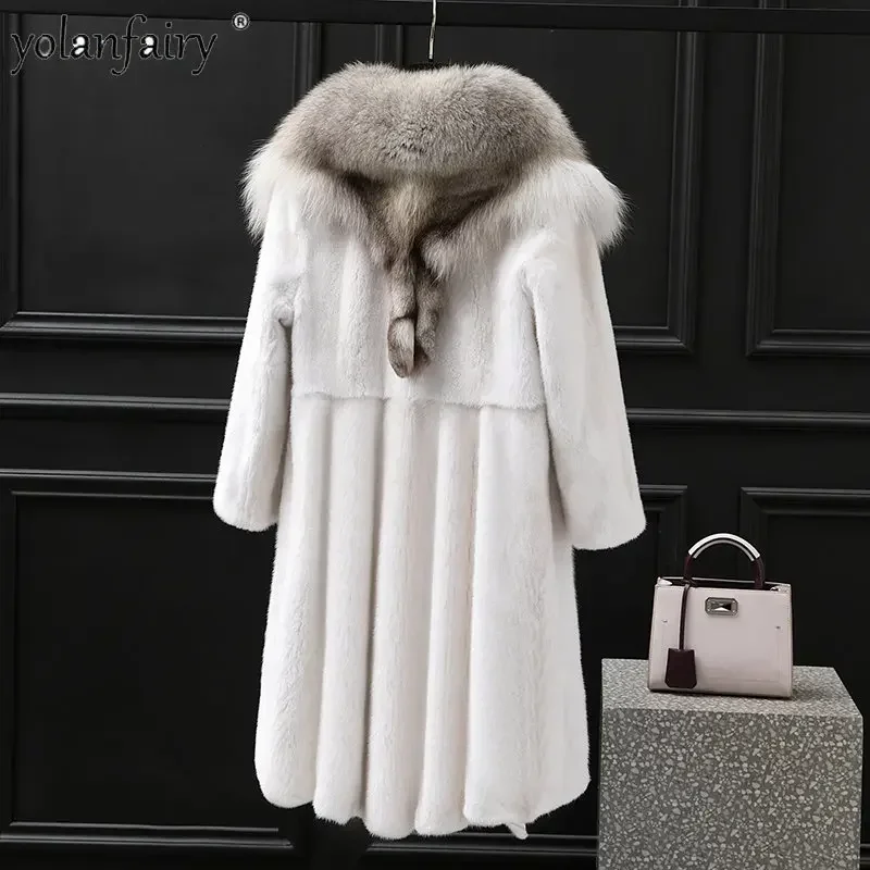 

Natural Mink Fur Coat for Women High End Luxury Whole Mink Mdidi Long Coats Femme Fox Fur Collar Winter Jackets Jaqueta Feminina