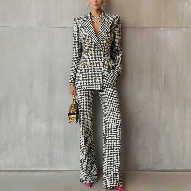 New style fashion women's spring, autumn and winter commuting printed long-sleeve fitted two-piece suit trousers