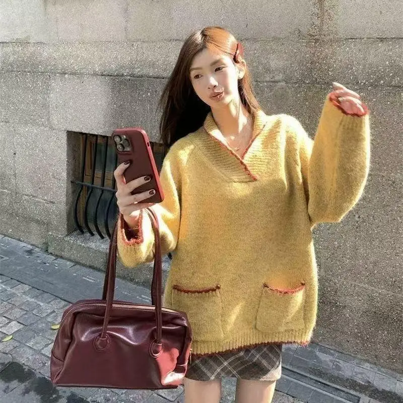 

Sweater Knitwear Women's Unique Lazy Casual Design Long Sleeve Knit Sweater Korean Loose Fashion Versatile Youthful Top Chic