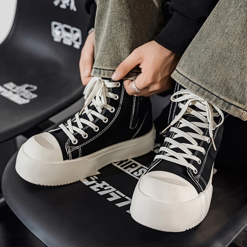 

Black White Original Men's High-top Shoes Big Size 46 Breathable Canvas Shoes Men Height-increasing Platform Vulcanize Shoes Man