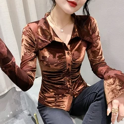 2024 New Spring Summer European Clothes Velvet T-Shirt Chic Sexy Button Jacquard Slit Women Tops Long Sleeve Slim Hot Tees 42028