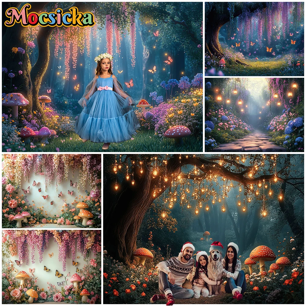 

Mocsicka Nature Photography Backgrounds Baby Children Birthday Adult Wedding Backdrop Forest Purple Vine Butterfly Decors Banner