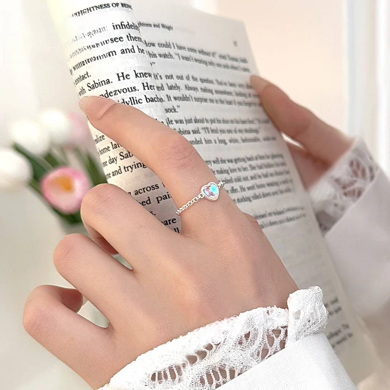 خاتم حقيقي من الفضة الإسترليني عيار 925 على شكل قلب وحجر القمر قابل للتعديل للسيدات الساحرة وإكسسوارات مجوهرات راقية عصرية رائعة