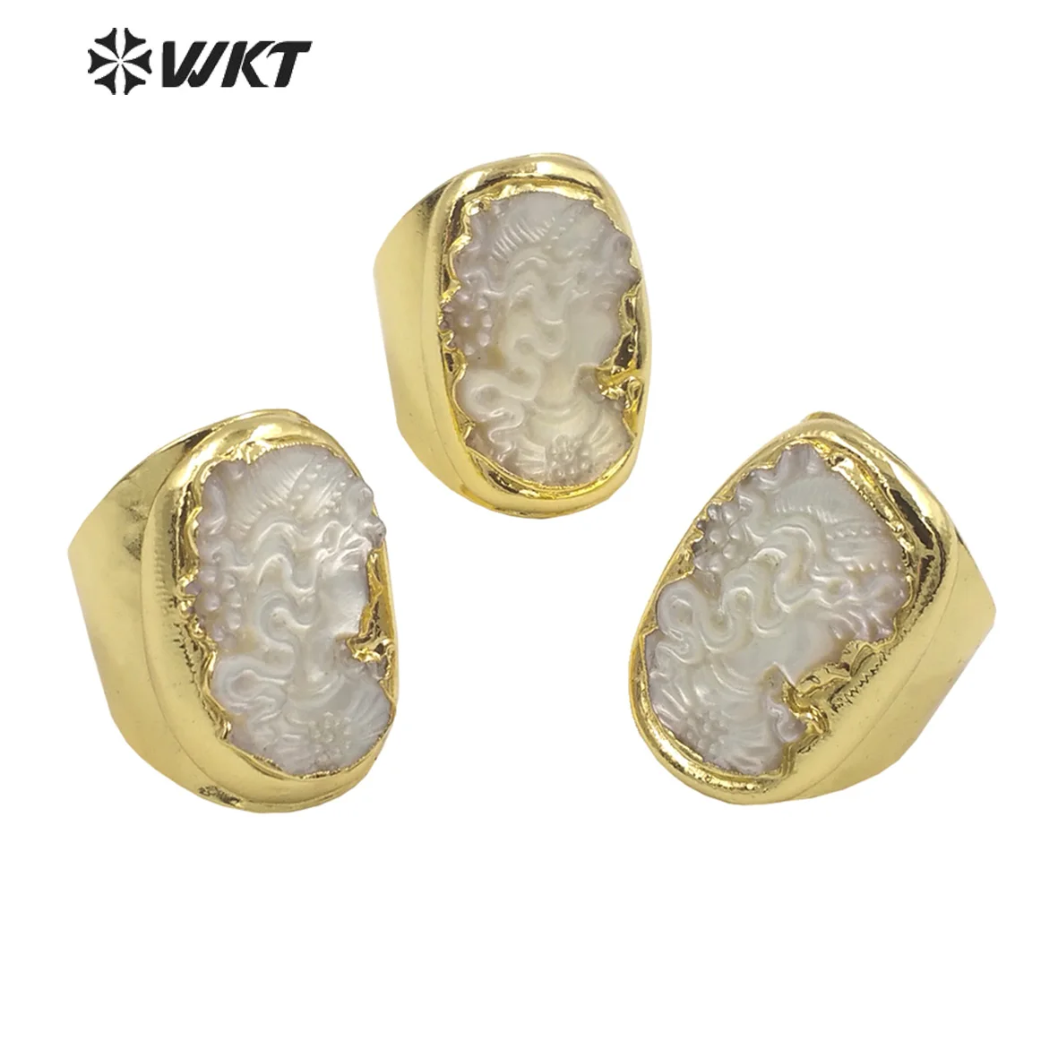 WT-MPR062 Beautiful Hand Carved Shell Beauty Ring 18K Real Gold Plated Women Big Gift Ring In 10 PCS