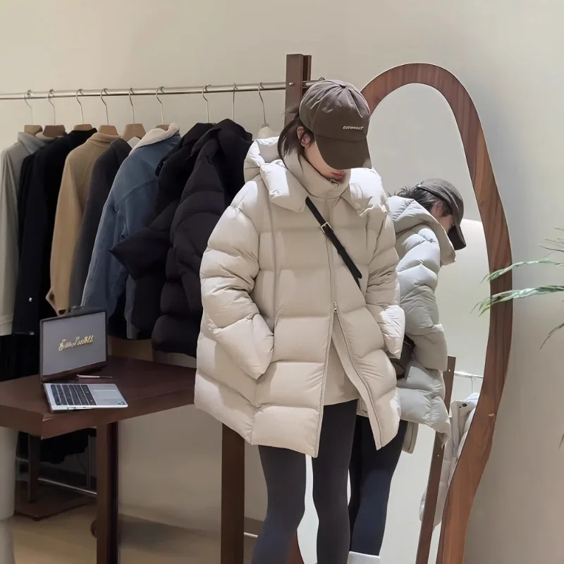 Nieuwe stijl 90% donsverdikte witte eend donsjack, Koreaanse stijl bladerdeegjas voor dames, halflang met capuchon donsjack dames