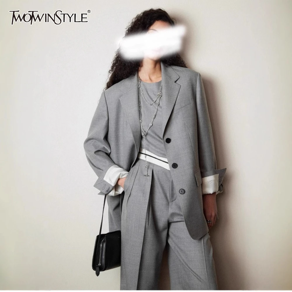 

TWOTWINSTYLE Casual Two Piece Set for Women Lapel Long Sleeve Loose Coat High Waist Wide Leg Pant Sets Female