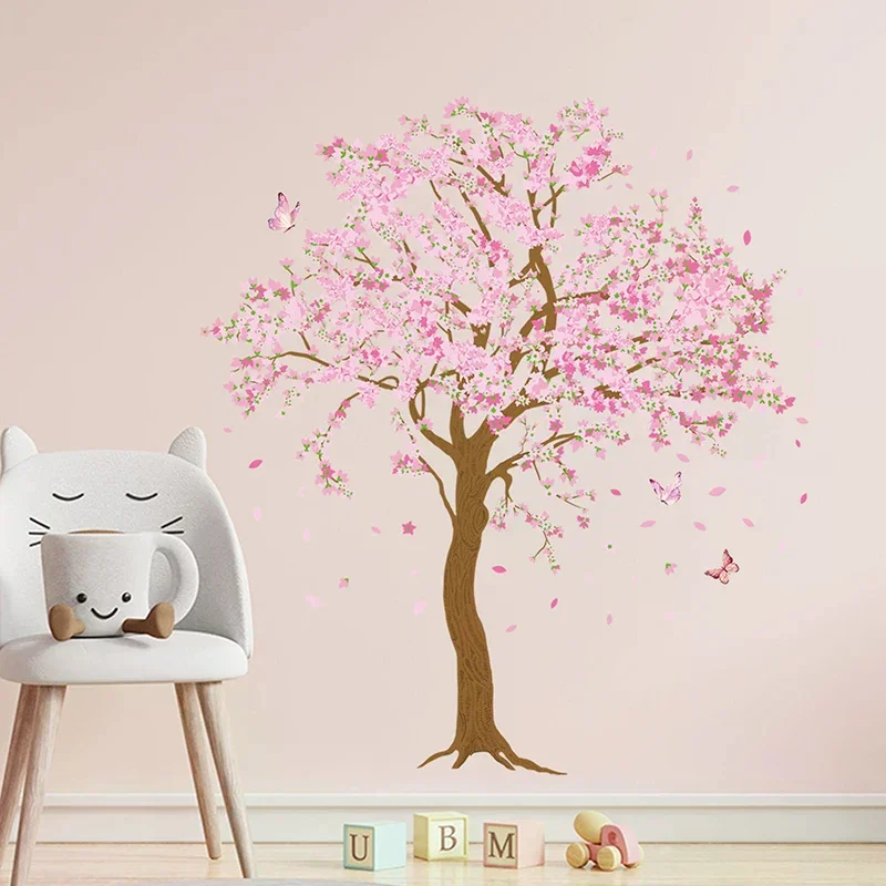 Flowers Pink Tree Background Wall Stickers Family Living Room Stairs Children's Room Decoration Can Be Removed Wall Stickers