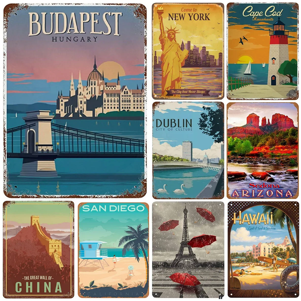 Metal Tin Signs Budapest Dublin Wall Decoration Plaque Vintage Art Poster Iron Painting for Man Cave Home Cafe Garden Club Ba