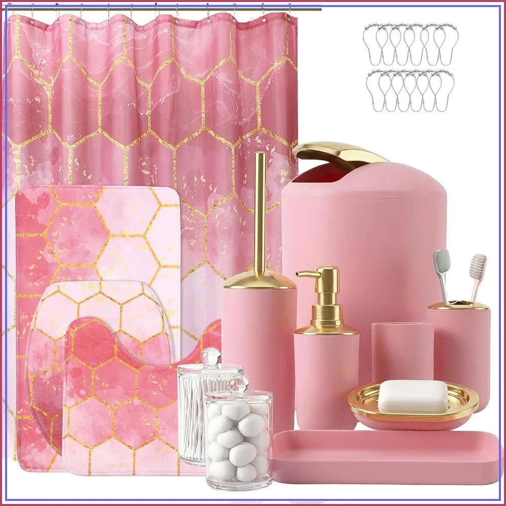 25 Piece Pink and Gold Bathroom Set, Shower Curtain, Rugs, Trash Can, Toilet Brush, Soap Dispenser, Soap Dish, Toothbrush Holder, Tumbler, Tray, Qtip Holder