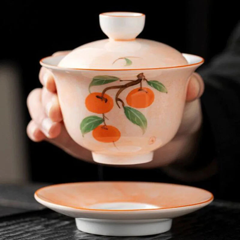 Handpainted Pastel Floral Pattern Tea Tureen Persimmon Sancai Gaiwan Kungfu Cup Tea Maker Cover Bowl Chinese Teaware Set