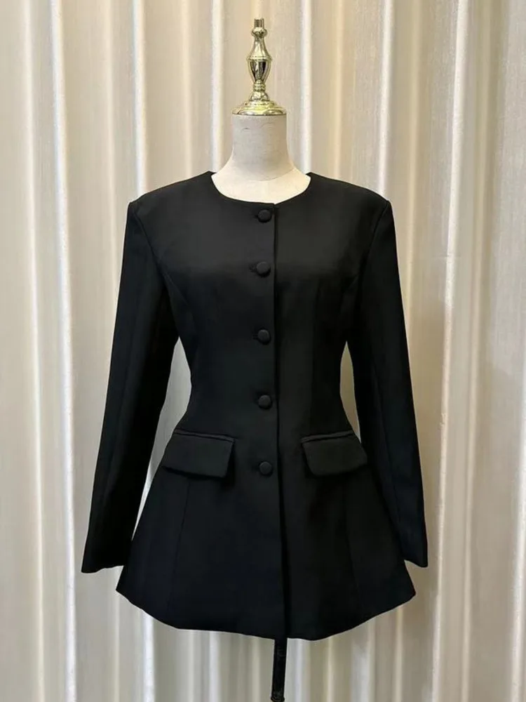 UCXQ Fashion Blazer Coat Korean Style Collarless Waist Black Simple All Match Elegant Jacket Women 2024 New Spring Autumn 3C1983