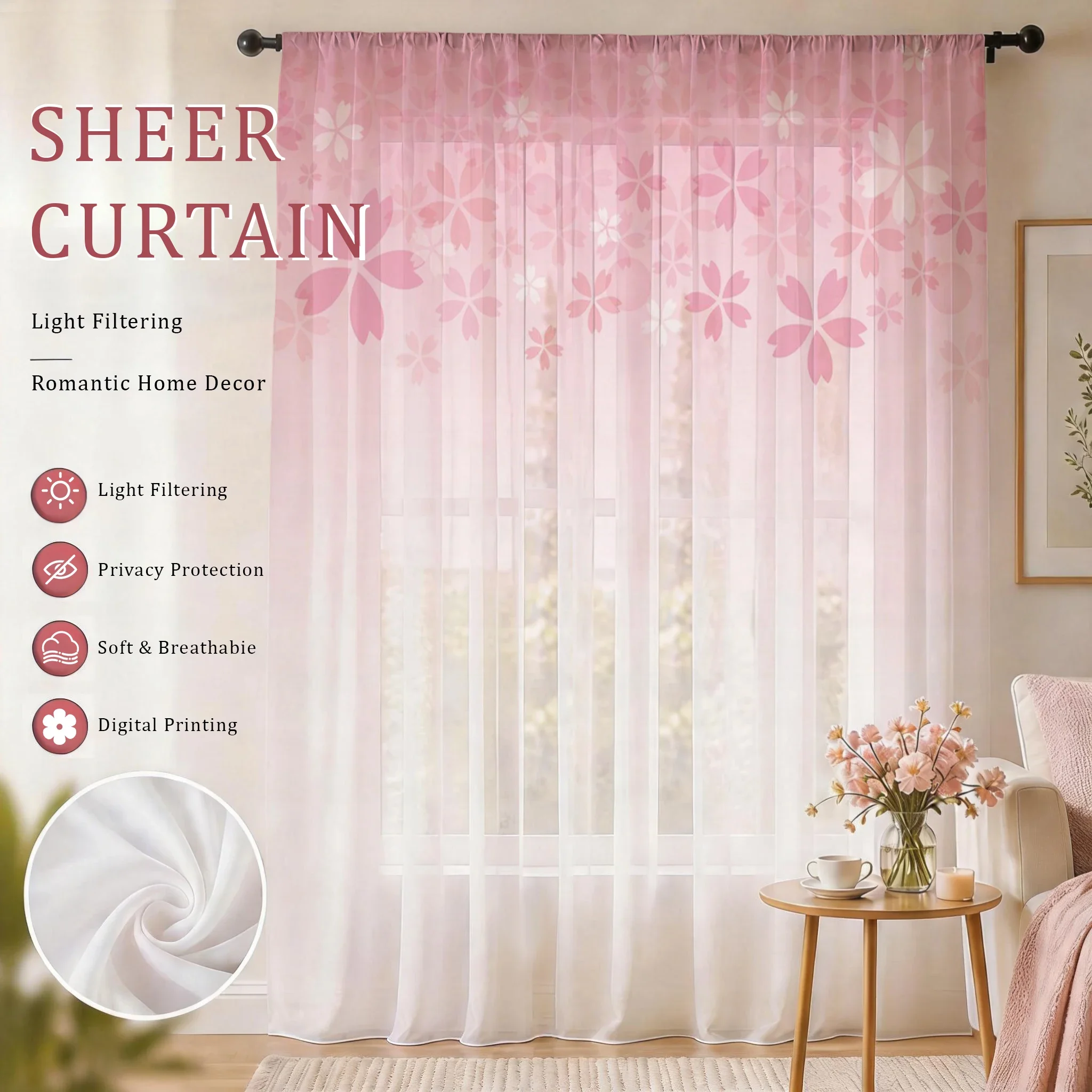 Pink Gradient Luxurious Sheer Curtain, Good Quality Light Reducing Privacy Voile for Living/Bedroom/Kids Room,Mother's Day Gift