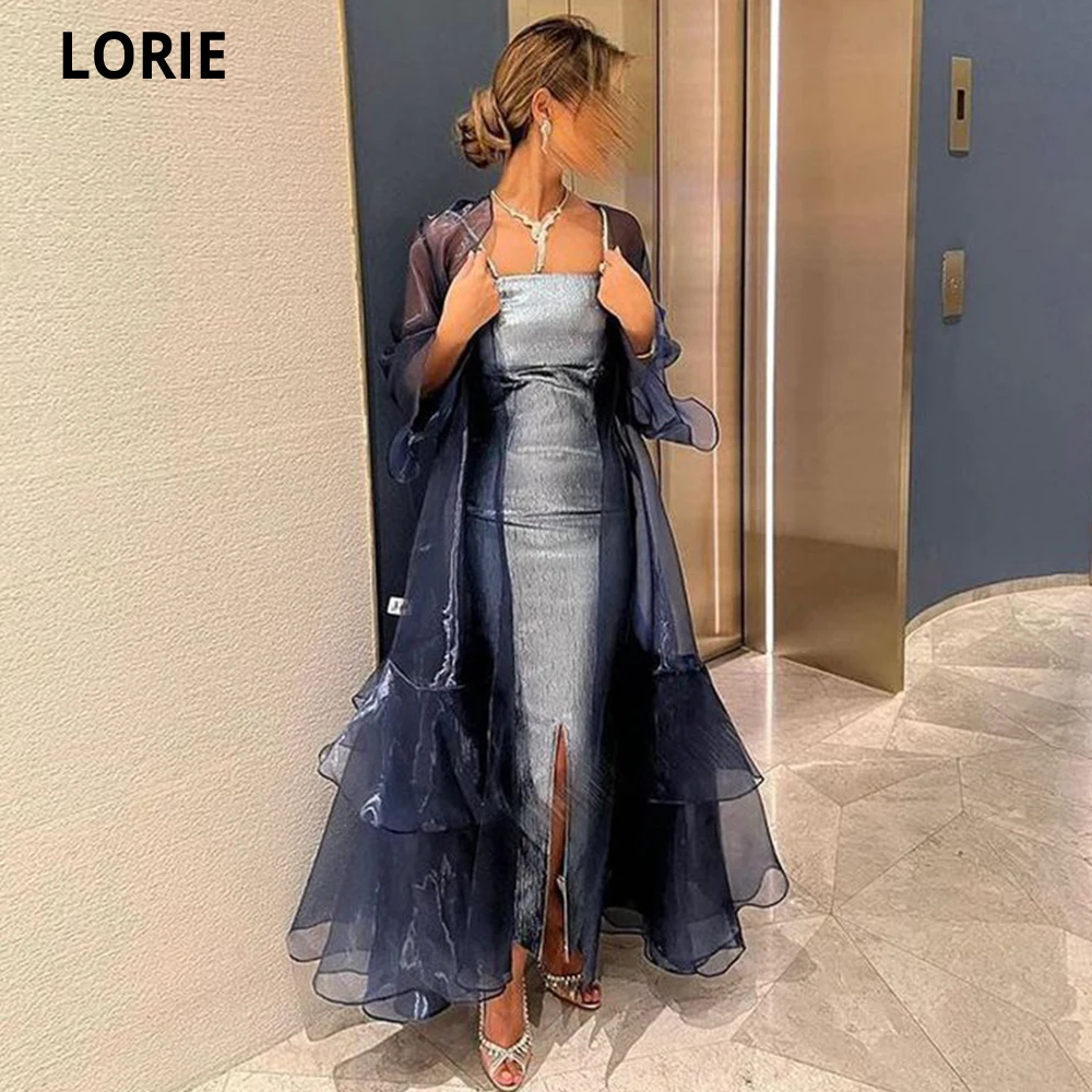 LORIE Elegant Mermaid Long Evening Dresses Long Organza Cape Strapless Mother Groom Formal Party Dress Leg Slit Tiered Prom Gown