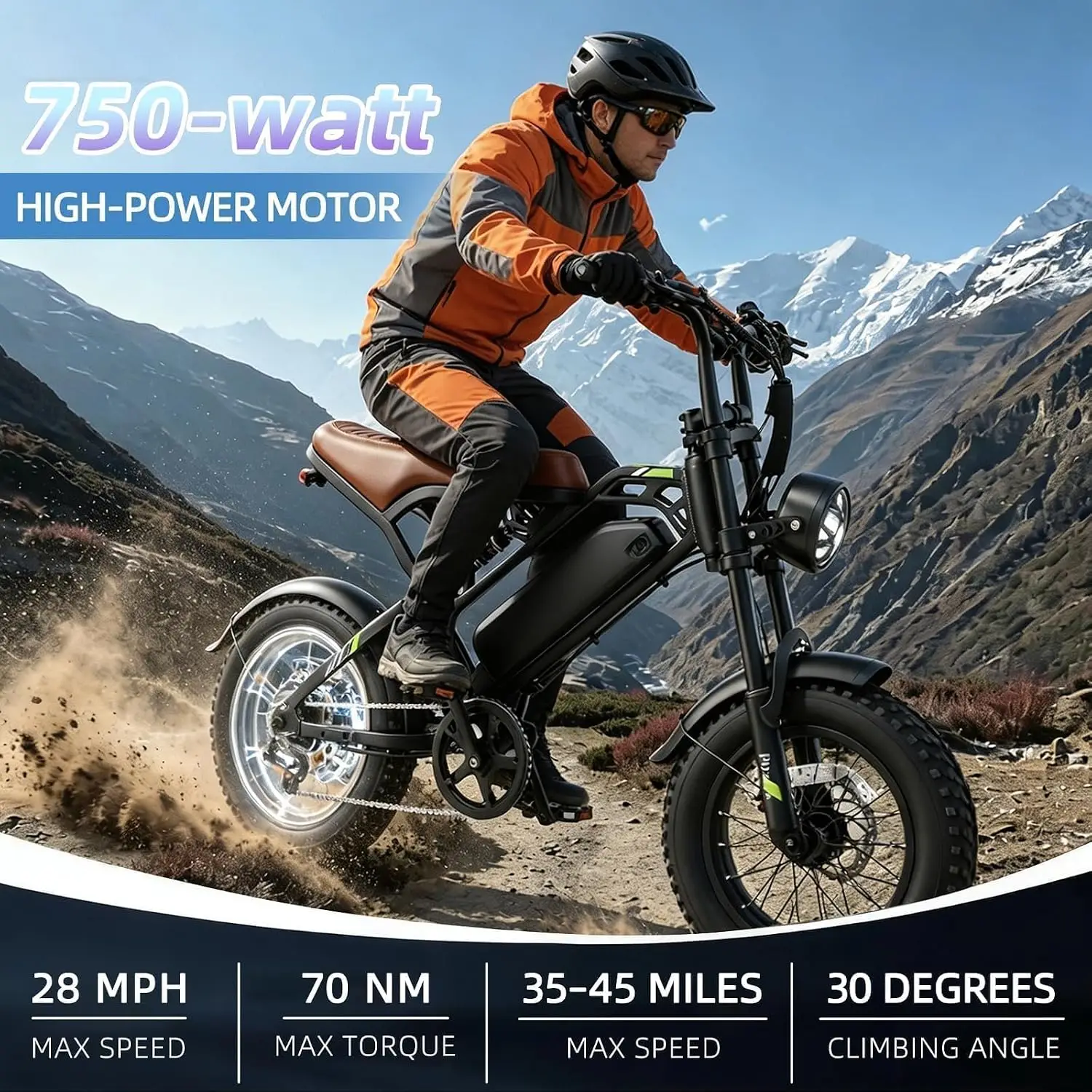 Fat Tire Electric Bike, 48V 15.6Ah Removable Battery 35-45 Miles 27.9MPH 16