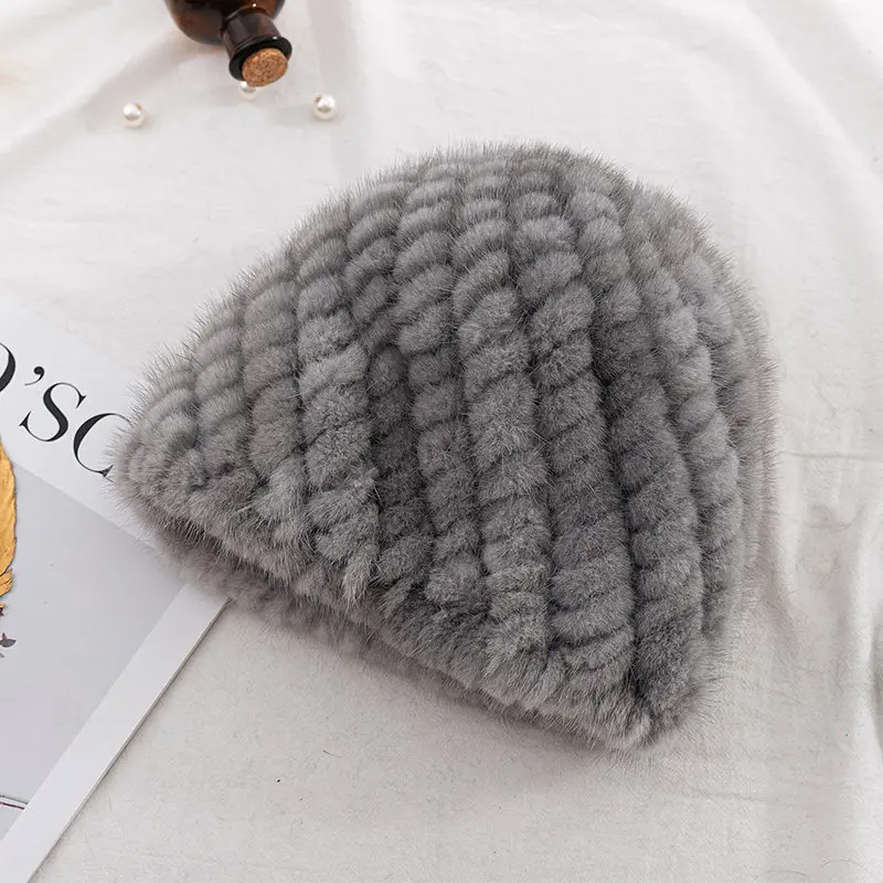 Luxury Natural Real Mink Fur Hat Winter Warm For Women Genuine Mink Knitted Thick Elastic Beanies Cap Mink Keep Warm Hats Unisex