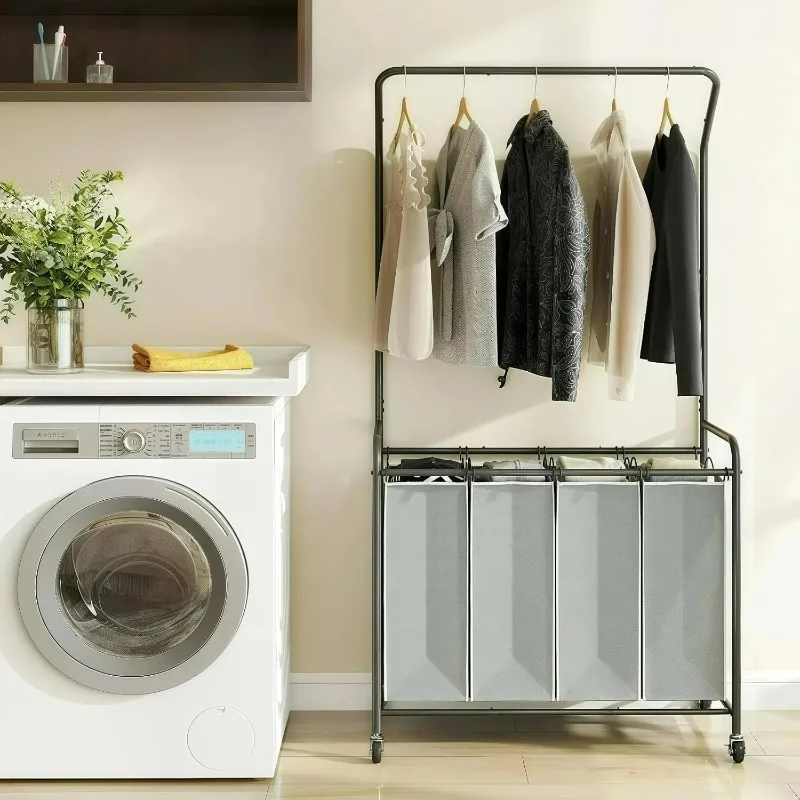 

4-Section Rolling Laundry Hamper Sorter with Hanging Clothes Rack – Heavy-Duty Laundry Basket Organizer with Lockable Wheels