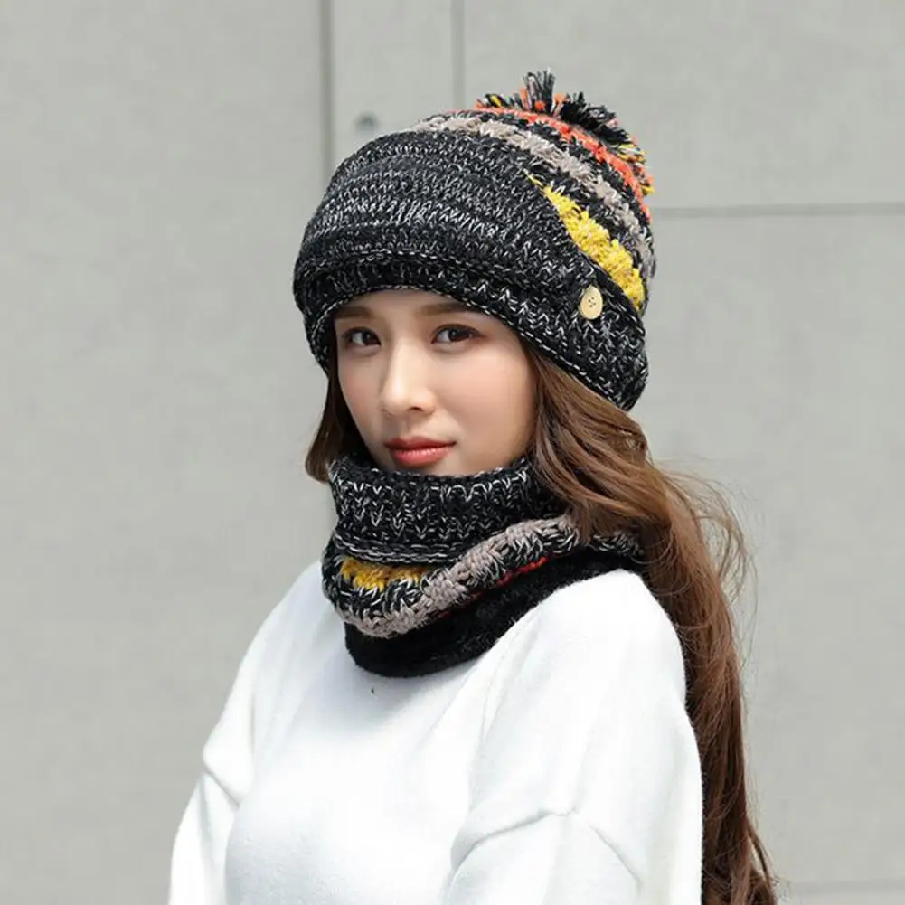 

Hat Scarf Set Velvet Lined Hat Scarf Cozy Knit Hat Scarf Face Guard Set with Plush Lining Furry Ball Decor for Women for Weather