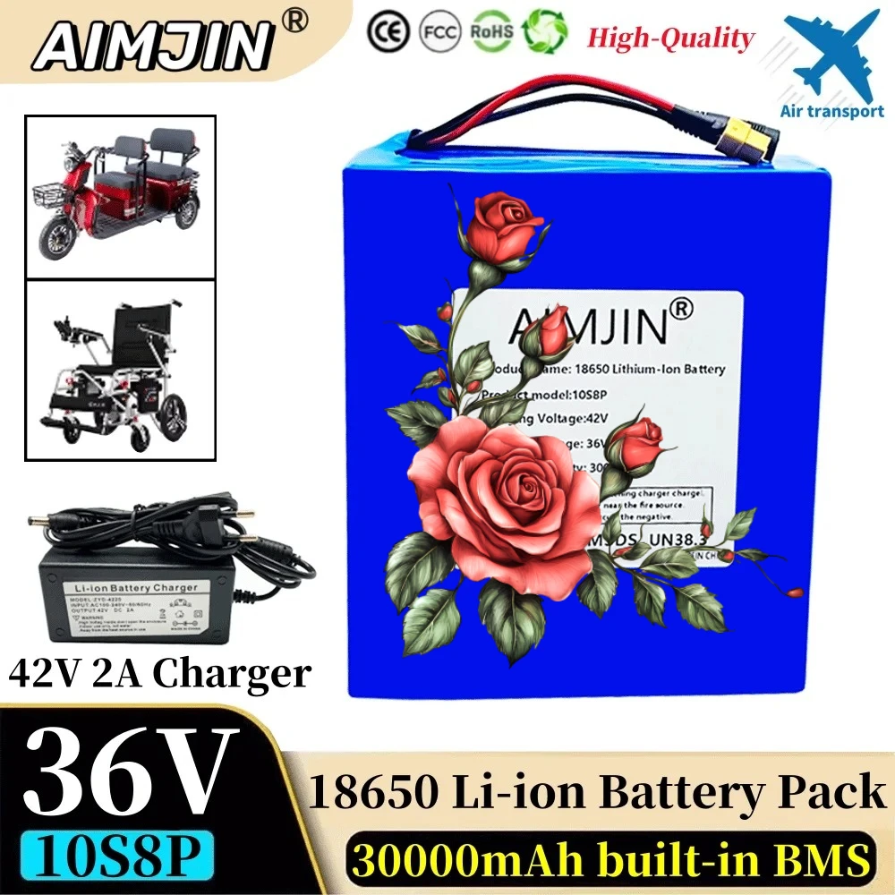 🔧 36V 30Ah 18650 10S8P A-class lithium battery pack, 1500W high-power built-in BMS, suitable for various energy storage backup