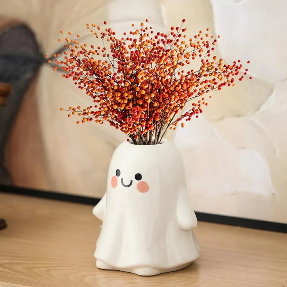 Flower Vase Decoration Ghost Shape Ceramic Flower Vase with Smile Face Pattern White Decorative Planter Pot for Nursery Room