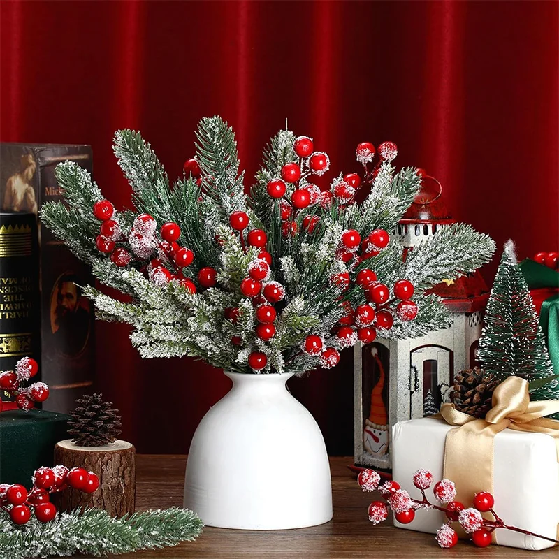 26/20cm Christmas Decor Artificial Pine Needle Branches Simulation Red Holly Berry for Xmas Wreath Decor Home Decor 2026 Navidad