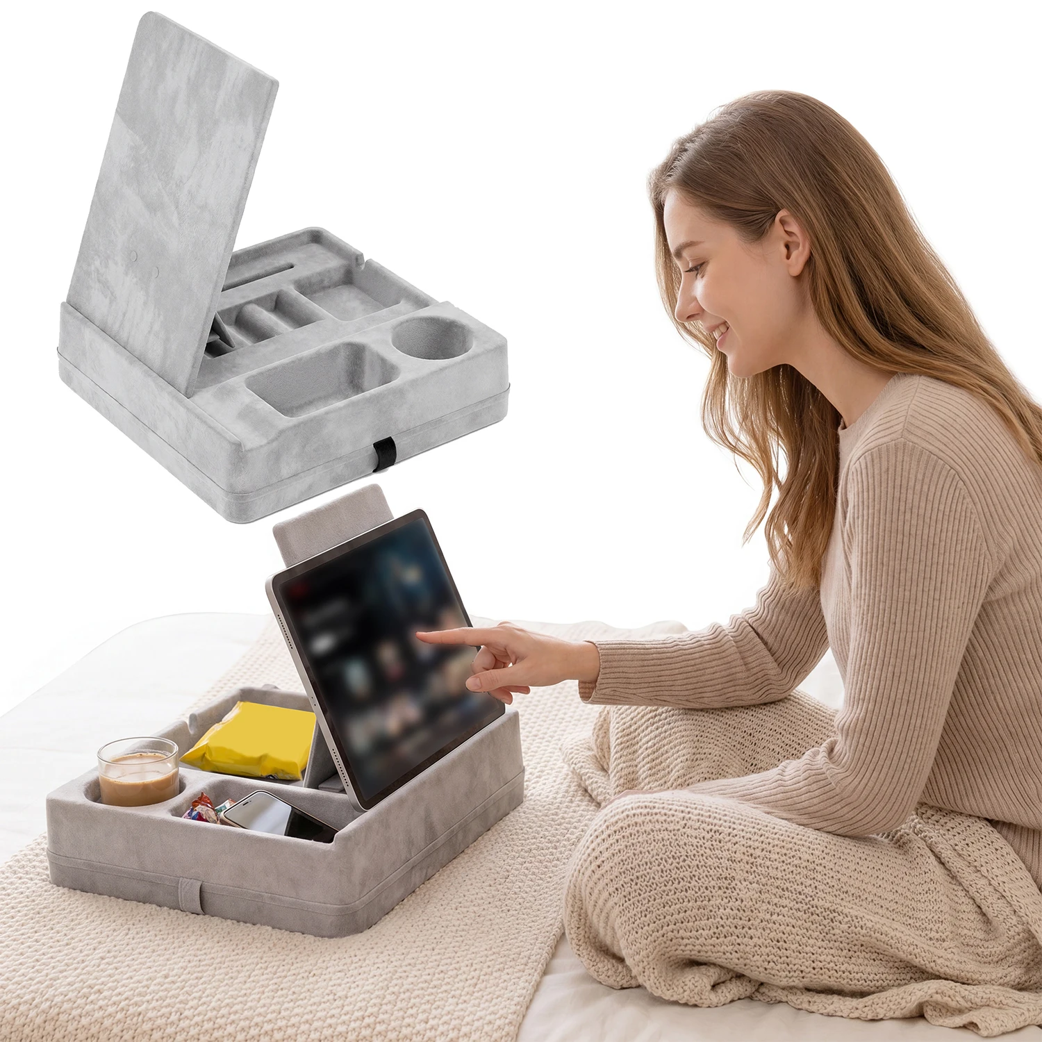 Multi-Angle Tablet Pillow Stand with Storage Tray, Foldable Soft Lap Desk for iPad, iPhone, Switch, Books, with Cup Holder Snack