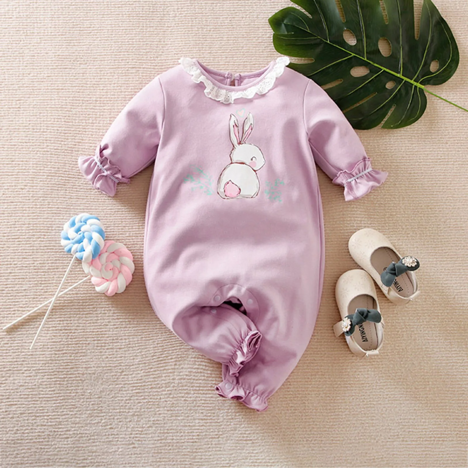 Children's Climbing Clothes Easter Bunny Cartoon Pattern Baby Girl Crawling Suit Purple Rabbit Long Sleeves Toddler Overalls