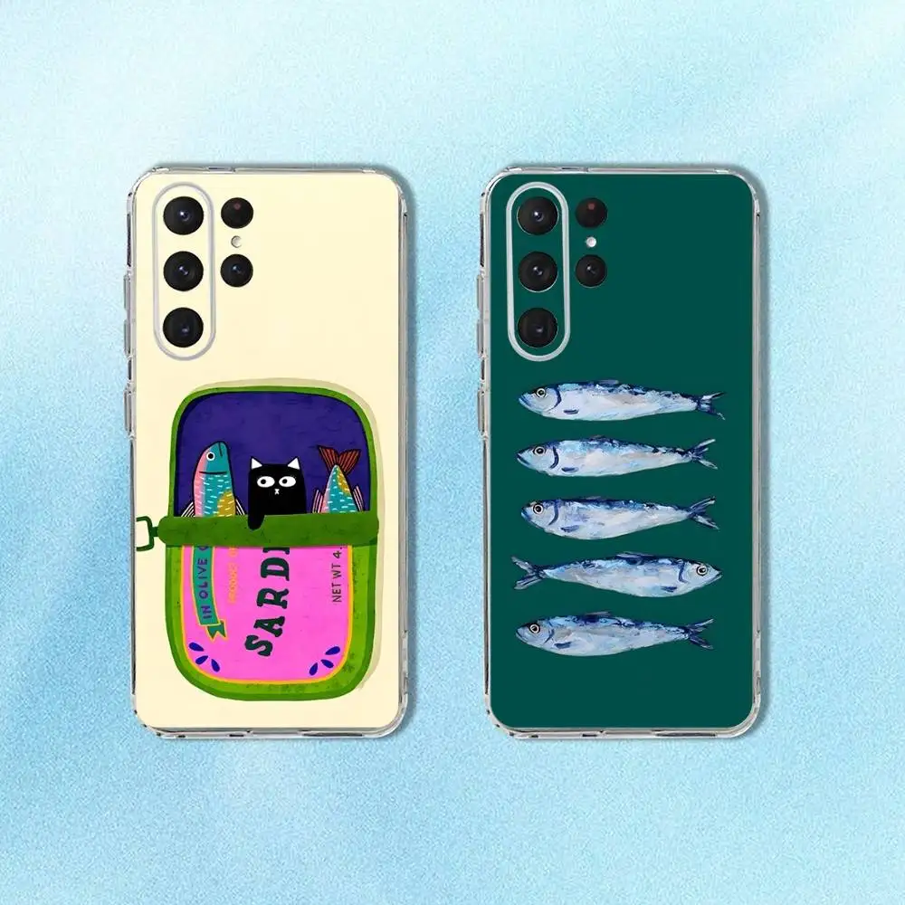 

Fish Funny Sardines Phone Case For Samsung S24,30,21,22,23,20 FE,lite,PIus,Ultra,5G,Note,9,10 Transparent Cover