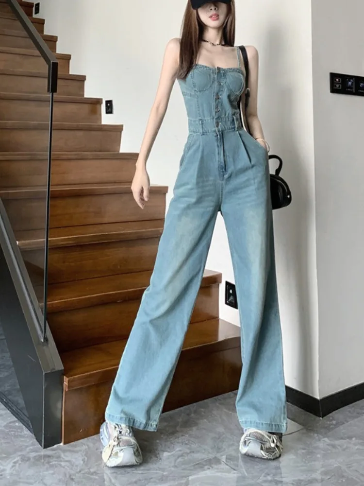 Jeans Spring Overalls Pant Women Sleeveless Slip Slim Fashion Ladies Trousers Korean Style Wide Leg Pleated Woman Long Pants