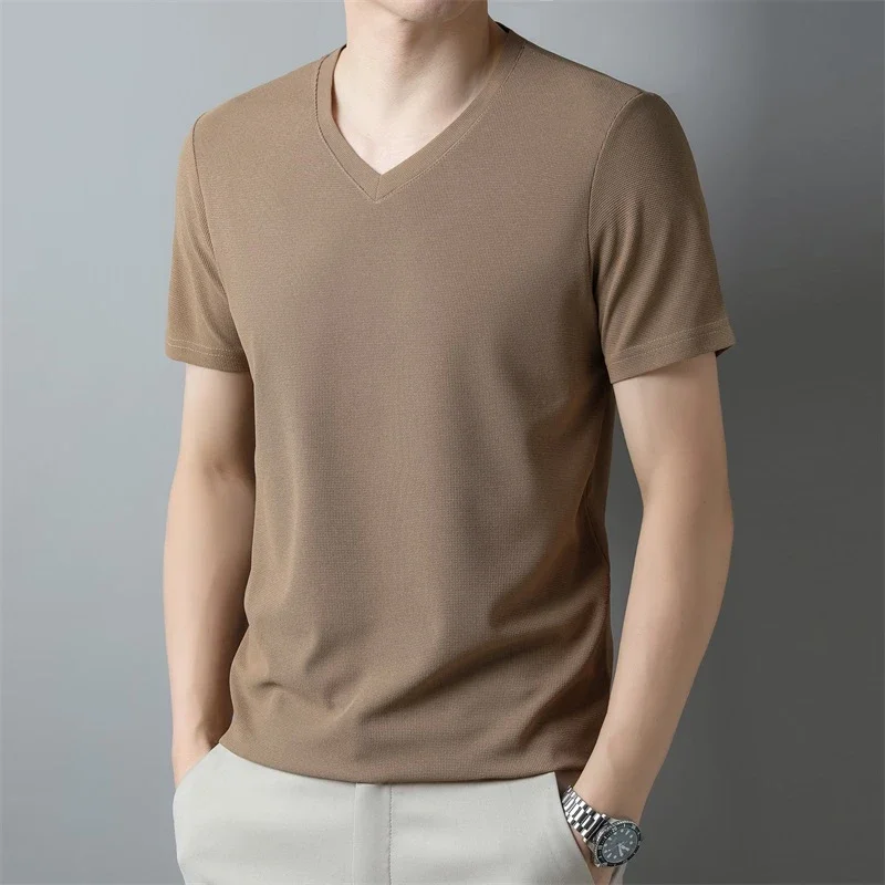 2024 Men\'s New Waffle V Neck Short Sleeved T-shirt Summer Comfortable Top