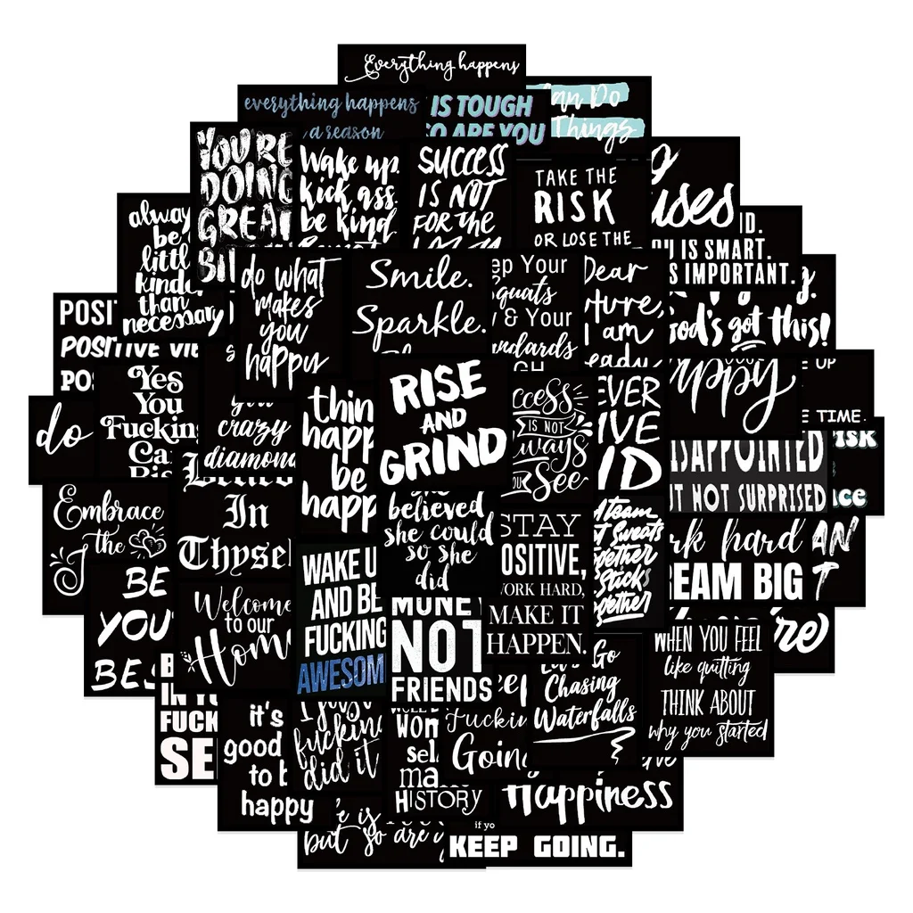 61Pcs Motivational Quote Stickers Black Background Positive Affirmation Decals for Journal Laptop Water Bottle Scrapbook