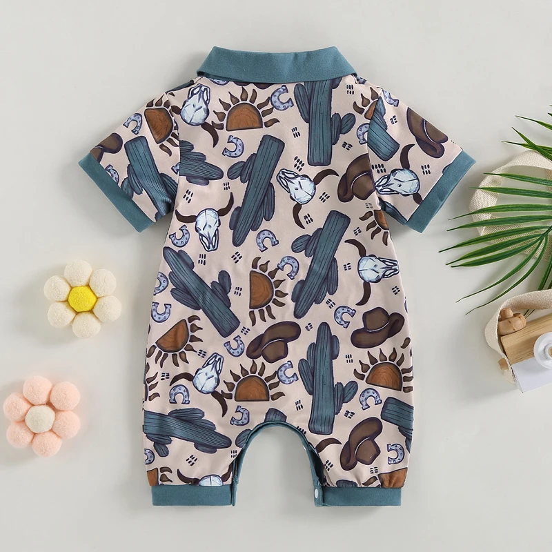 0-18 Months Baby Boys Jumpsuit Bull Head Print Short Sleeve Turndown Collar Rompers for Newborn Baby Summer Casual Clothing