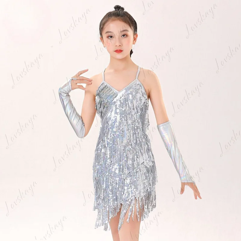 ชุดเต้นรำลาตินสำหรับเด็ก กระโปรงสายเดี่ยวประดับเลื่อมและพู่ห้อย ชุดแสดงสำหรับเด็กผู้หญิง