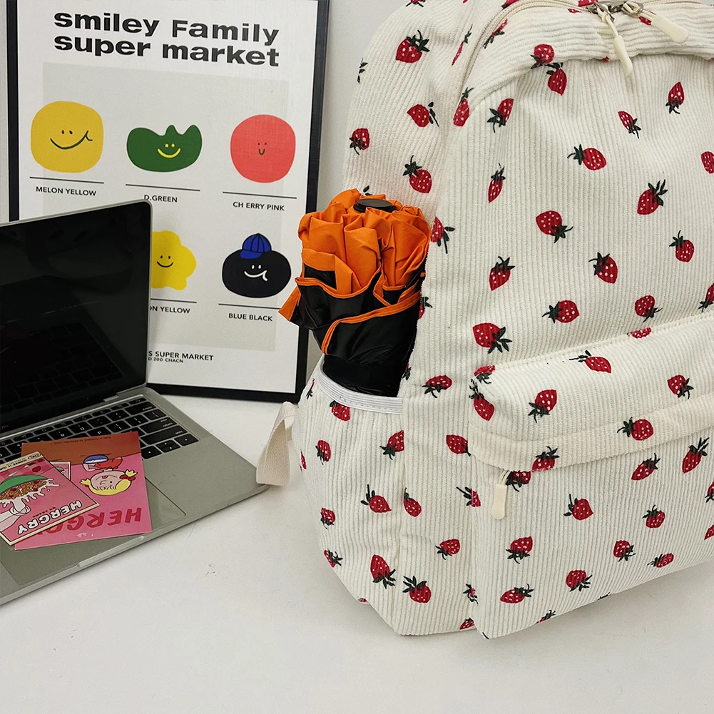 Corduroy Strawberry Backpack Stylish Laptop Backpack Multi-pockets Fashion Teenagers Daypack Adjustable Strap for Outdoor Travel