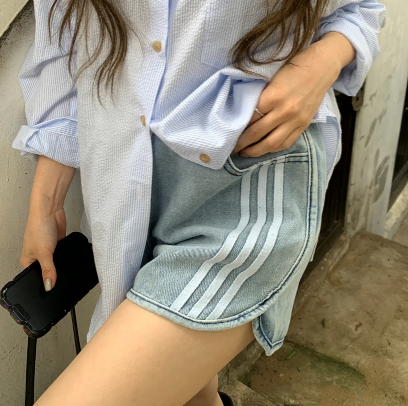 

Retro Washed Spliced Denim Shorts Women's Elastic Waist Slimming Loose Wide Leg Hot Shorts Trendy Blue Jeans Summer Casual