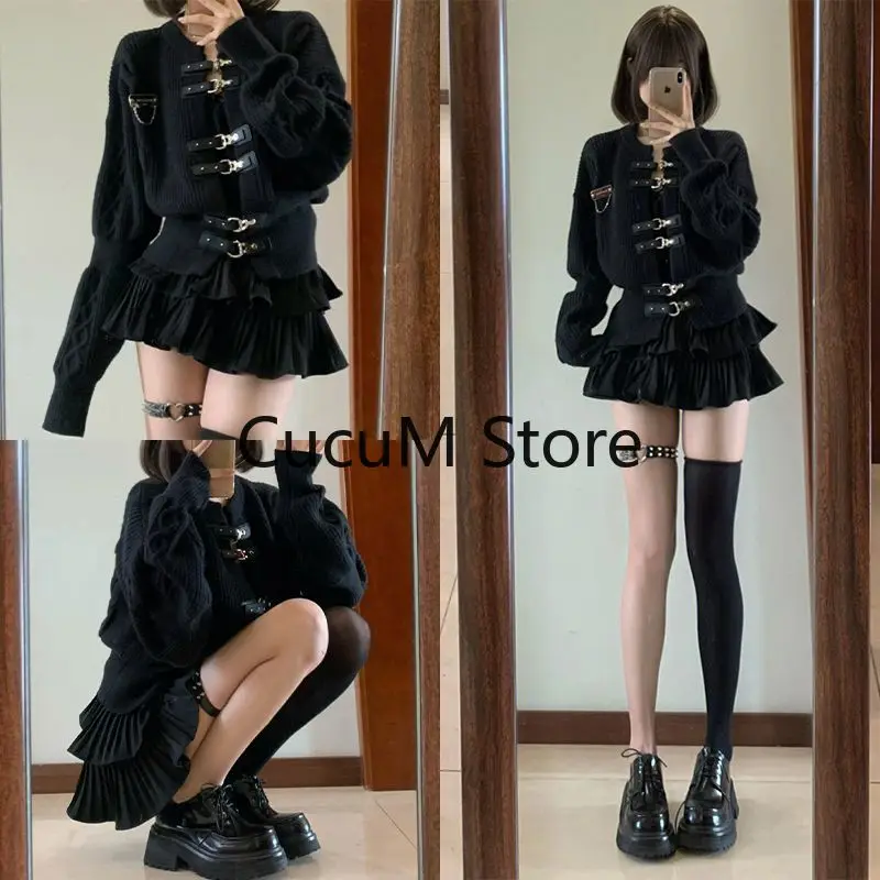 2023 Autumn Black Elegant Clothing Suit Casual Sweater Tops + Slim Y2k Mini Skirt Party Korean Fashion 2 Piece Skirt Set Woman