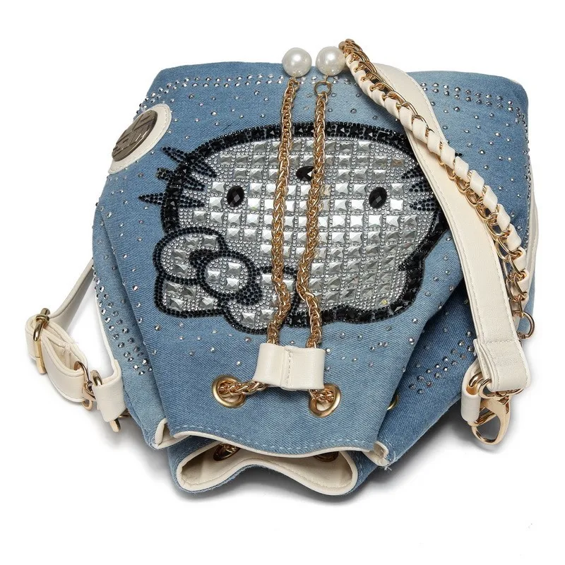 Sanrio'S New Hello Kitty Women'S Handbag Denim Canvas Bag Women'S Diamond Chain Bag Hello Kt Cat Pattern Handbag Crossbody