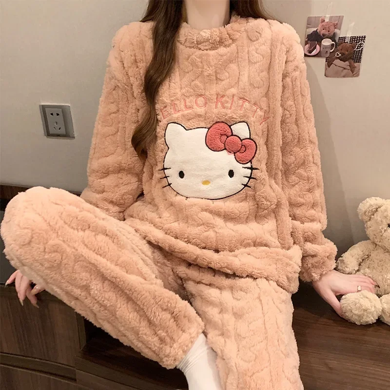 

Cute Hello Kitty Women Pajamas Cartoon Anime KT Cat Thickened Warm Long-sleeved Pants Autumn Winter Loose Leisure Homewear Suit