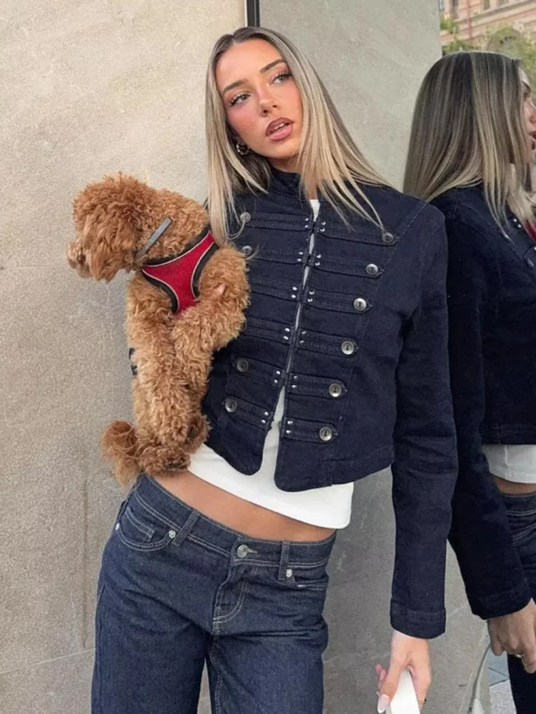 Fashion Stand Collar Long Sleeve Women Jacket Black Denim Button Down Military Cropped Coat 2026 Summer Lady Street Outfits Y2k