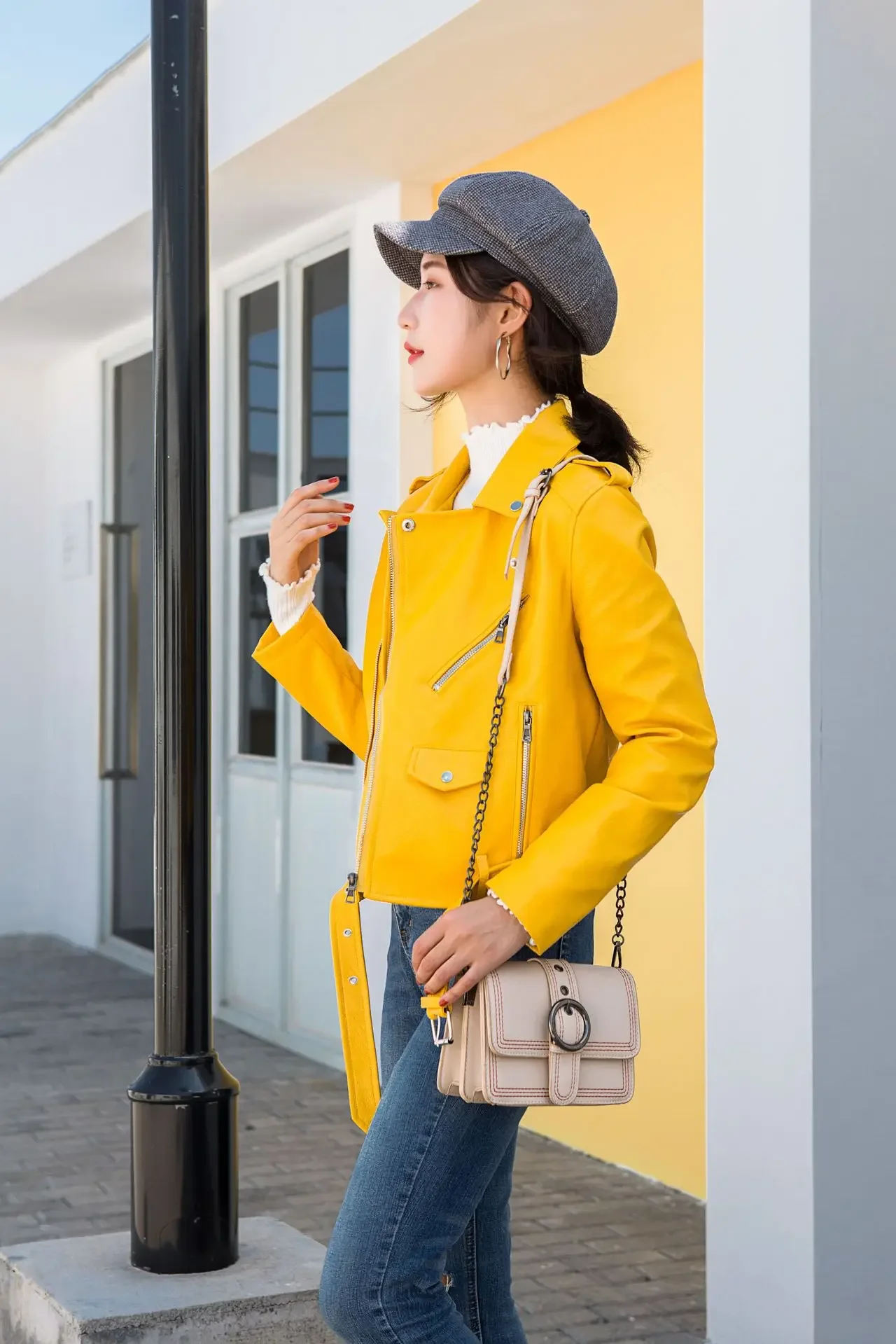 MRMT-chaquetas de cuero para mujer, chaquetas de piel lavada con solapa, de locomotora corta, 2024