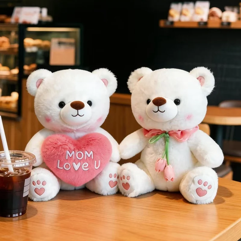 

Cute Teddy Bear Plush Toy with Tulip Bouquet & Pink Bow Soft Stuffed Bear Doll Mother's Day Valentine's Day Gift for Kids Girl