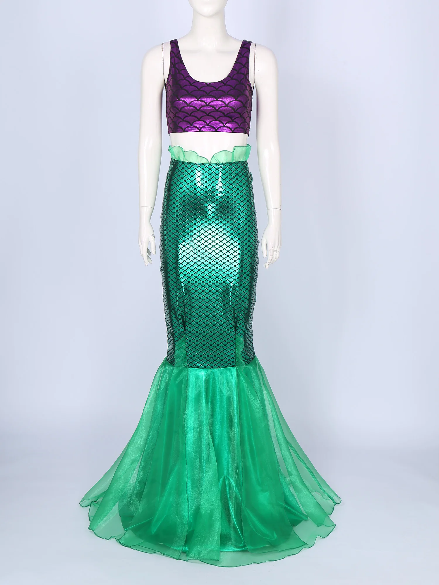 Women\'s Mermaid Cosplay Role Play Costumes Mermaid Tail Themed Party Fancy Dress Up Sleeveless Tank Top Tulle Fishtail Skirt Set