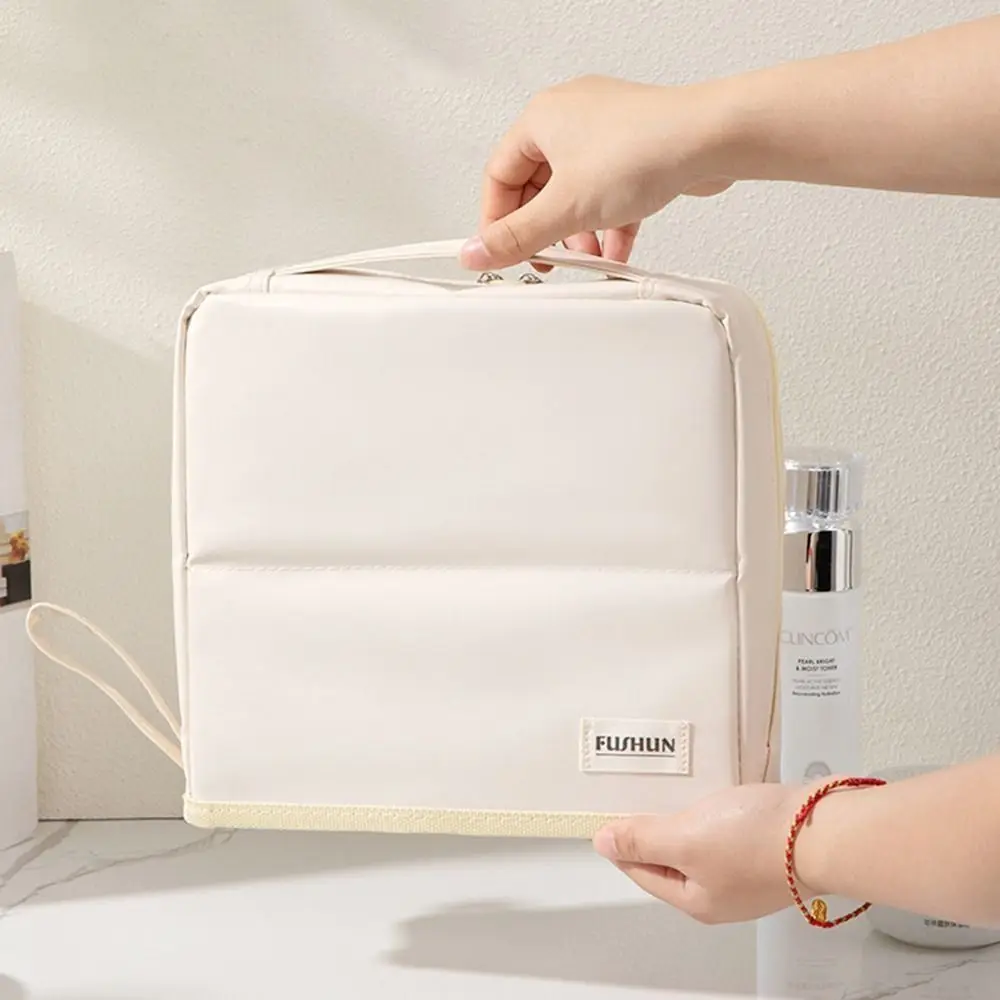 PU Vertical Makeup Bag Large Capacity Standable Student Stationery Bag Partitioned Portable Makeup Brush Storage Pocket Women