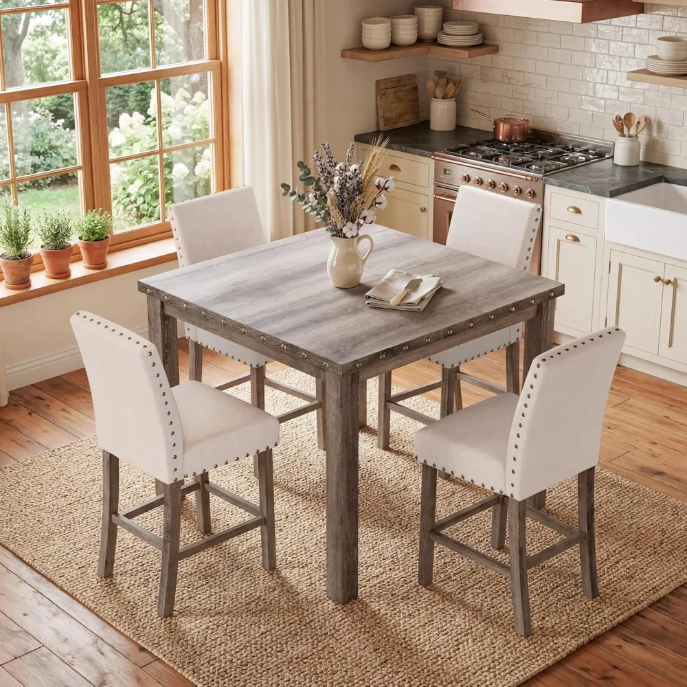 

Counter Height Dining Table Set for 4,Farmhouse Dining Table Set for 4,Square Bar Kitchen Dining Table with 4 Bar, Customized
