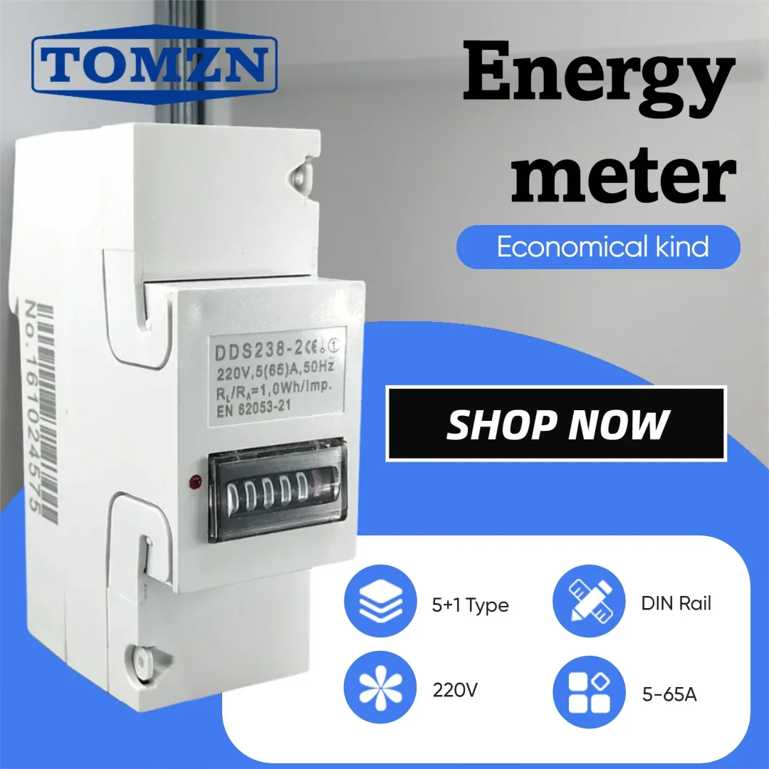 1PCS TOMZN 5(65)A 230V 50Hz Single Phase DIN Rail kWh Watt Hour Energy Meter Step Motor Impulse Register Dispaly Economical Kind